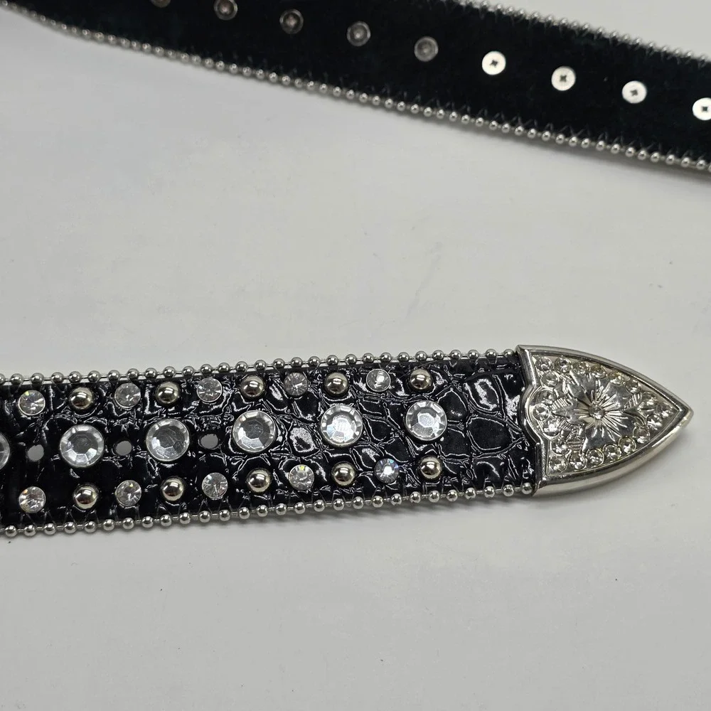 Black Leather Belt Rhinestone Crystal Western Bling Studded Large Y2K Rodeo Glam